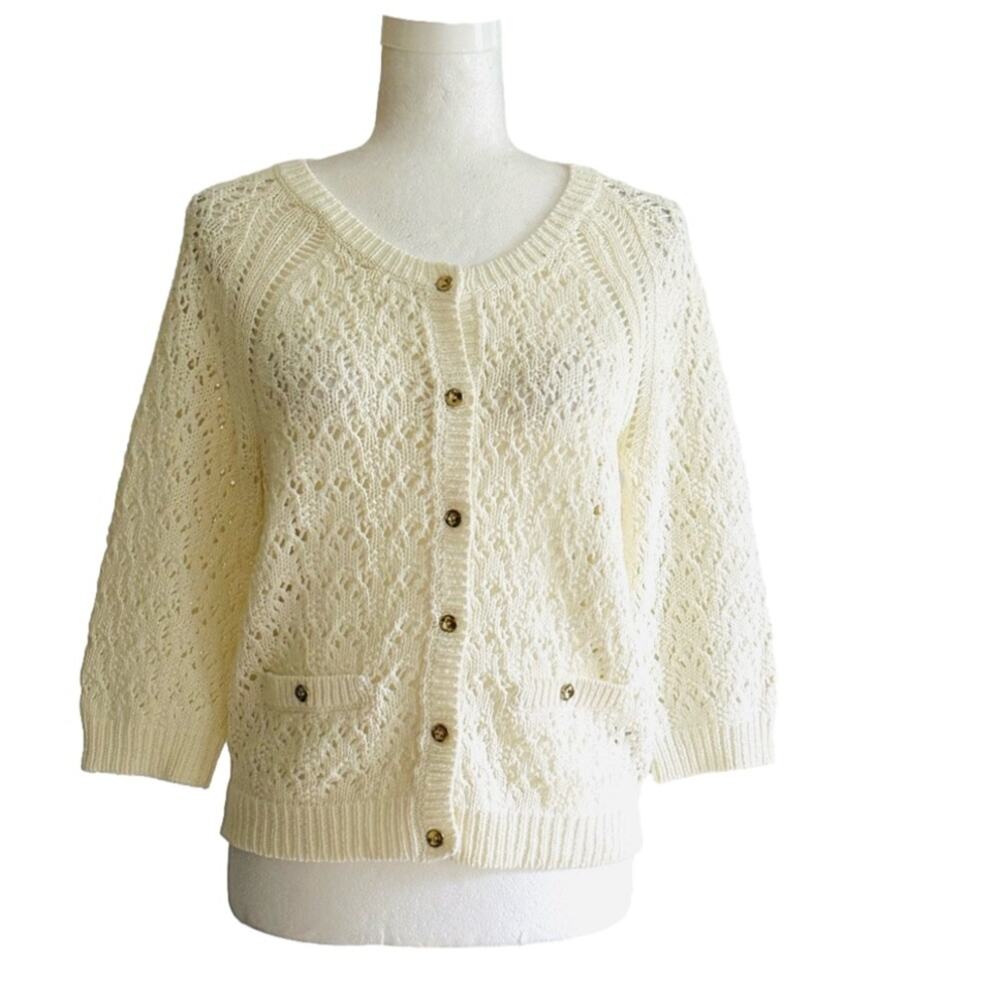 Lark Lane Cardigan Sweater Cream Cotton Crochet 3/4 Sleeve Cardigan Size Small